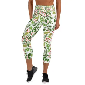 Xmas Floral Christmas Capris Tights, Green Red White Premium Women's Yoga Capri Leggings- Made in USA